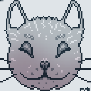 A pixel art drawing of a cute cat face with closed eyes and a smiling expression.