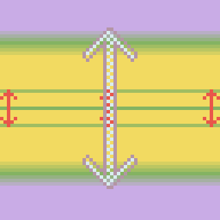 A symmetrical digital artwork features geometric shapes and lines in pastel colors, centered around a vertical arrow on a yellow background.