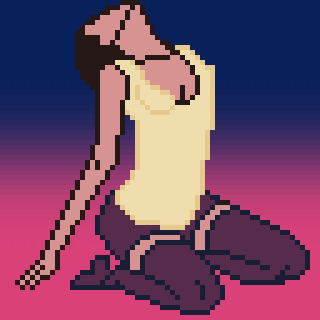A pixel art depiction of a person kneeling with their head tilted back and arms stretched out against a gradient background.