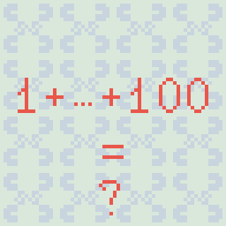 Red text on a blue patterned background poses the mathematical sum of integers from 1 to 100 and asks for the result.