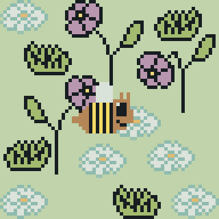 A pixel art scene features a bee flying among pink and white flowers against a light green background.