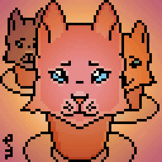 Three pixelated, cartoon-style cats with varying colors and facial expressions are arranged against a warm gradient background.