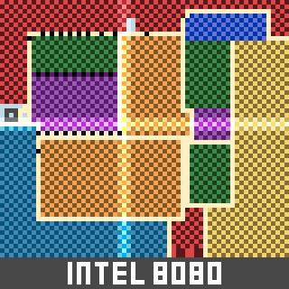 A pixel art style depiction of a computer chip labeled INTEL 8080, featuring various colored sections and patterns.