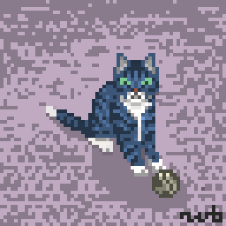 A pixel art depiction of a blue and white cat with green eyes playing with a ball.