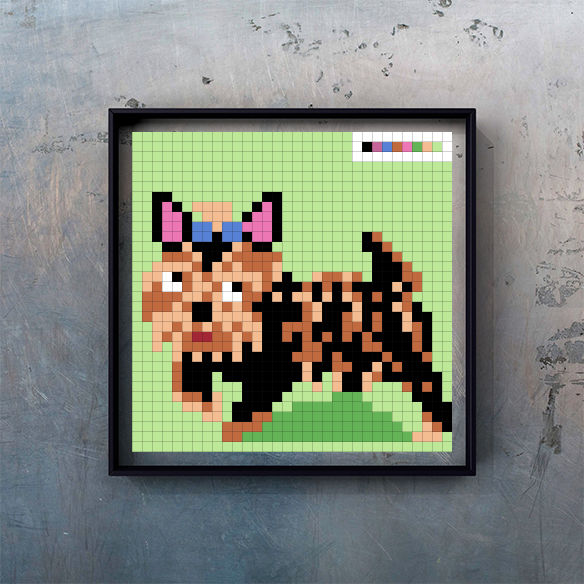 A pixel art depiction of a small dog with a bow, set against a light green background, is framed and mounted on a textured wall.