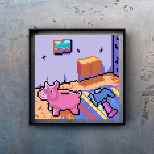 A pixel art piece features a pink pig standing on a colorful carpet in a room with a small table and a painting on the wall.