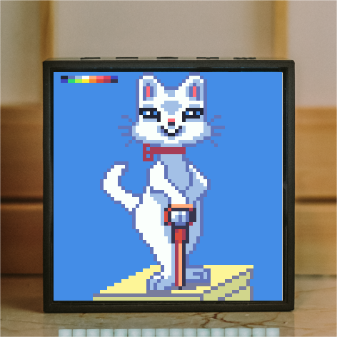 A pixel art depiction of a smiling white cat wearing a red collar is displayed on a square digital screen.