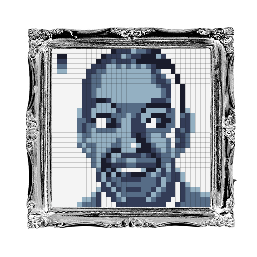 A pixelated portrait in grayscale is displayed within an ornate frame.