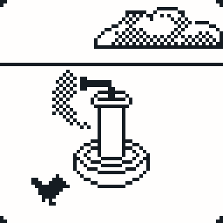 A pixel art-style fountain is depicted with water flowing, accompanied by a bird and a cloud above.