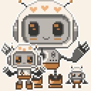 Three pixel art robots of varying sizes are waving and smiling.