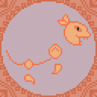 A pixel art design features an orange cat-like creature on a purple background with a patterned border.