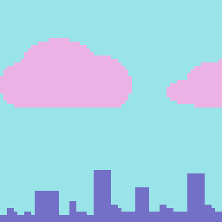 A pixel art cityscape features a blue skyline and purple clouds against a cyan sky.