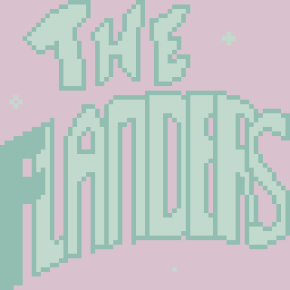 Large pixelated letters spell out THE LANDERS against a light pink background with small stars.