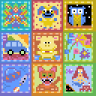 A vibrant 3x3 grid of pixel art features various colorful images, including animals, a car, and abstract designs.