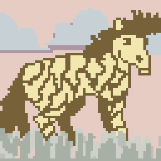 A pixelated, blocky horse stands among abstract terrain with a pastel sky backdrop.