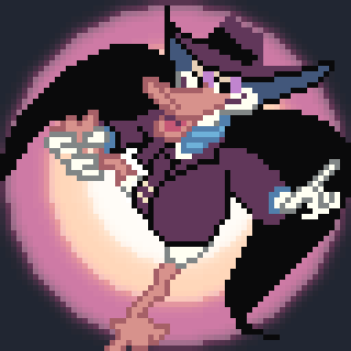 A pixel art depiction of an anthropomorphic character dressed as a detective or superhero, featuring a dark coat, hat, and a background with a glowing circular design.