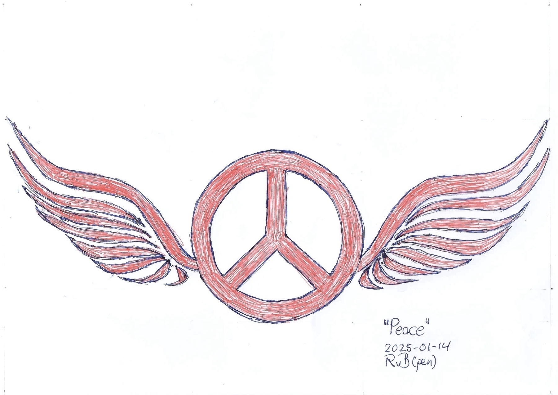 A hand-drawn peace symbol with stylized wings and the word Peace is depicted.