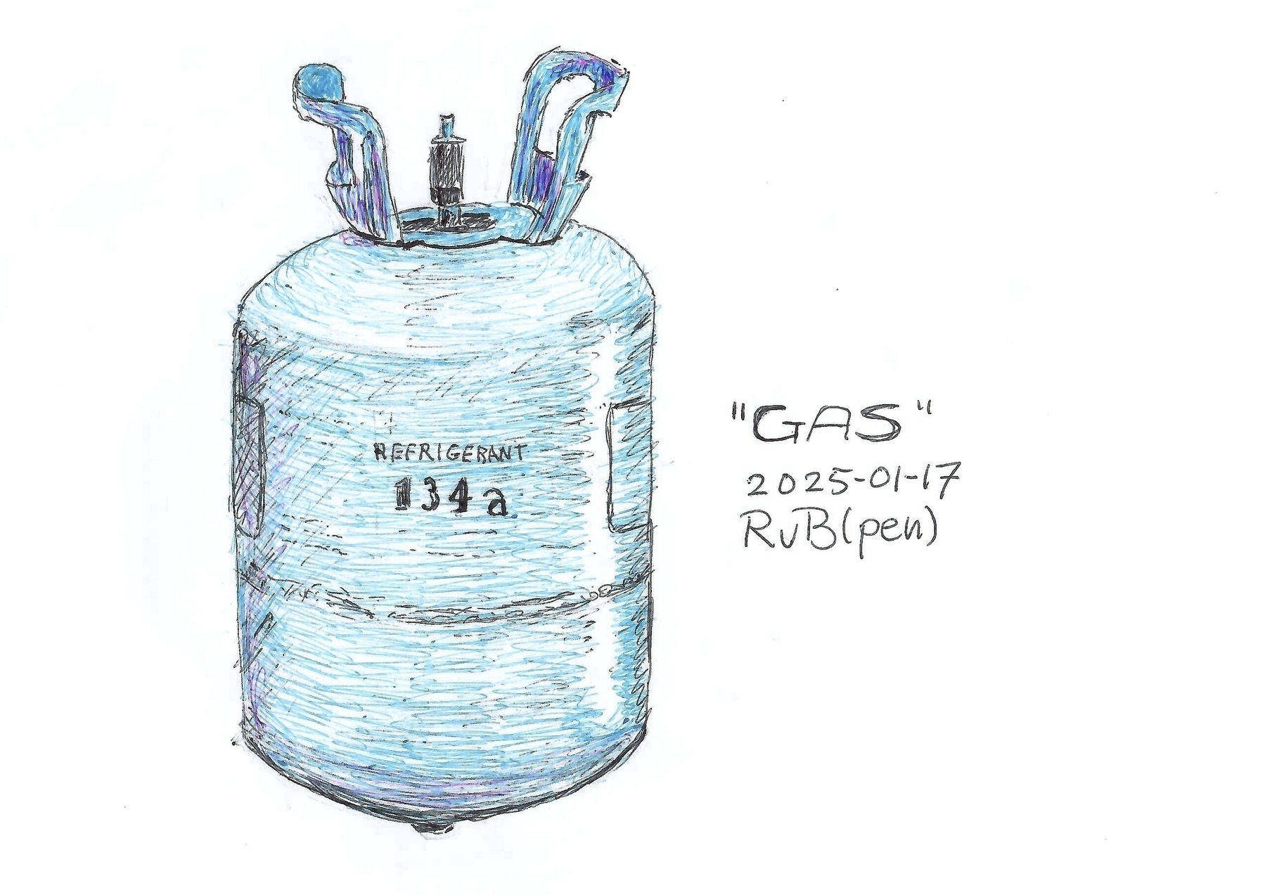 A hand-drawn illustration depicts a gas cylinder labeled Refrigerant 134a with a date and signature beside it.