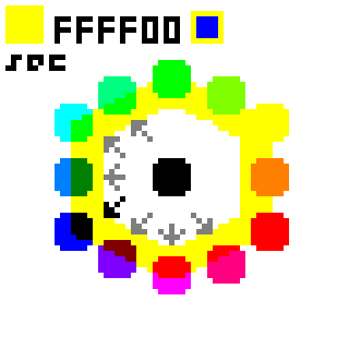 A pixelated art design featuring a colorful circular pattern with various bright colors and a face-like design in the center.