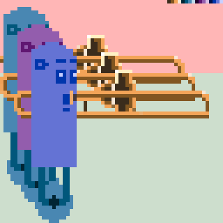 Three pixelated humanoid figures in various shades of blue and purple stand side by side in front of abstract, multicolored geometric shapes.