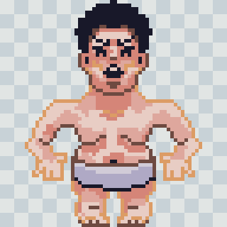 A pixel art character with a determined expression is depicted wearing traditional sumo attire.