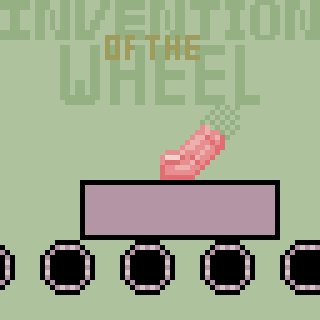 A pixelated scene depicts a rectangular object on wheels with a pink hand reaching upwards, accompanied by the text INVENTION OF THE WHEEL.