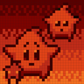 A pixelated art piece features two orange star-shaped characters with expressive faces against a red background.