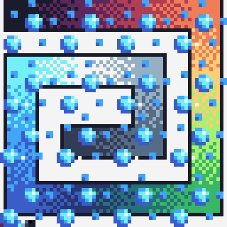 A pixelated spiral pattern is surrounded by numerous blue squares against a multicolored gradient background.