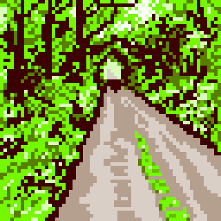 A pixel art depiction of a path leading through a lush green forest.