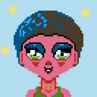 A pixel art character with blue and brown hair, green eyes, and a pink face is surrounded by small yellow stars.