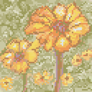 A pixelated depiction of colorful, abstract flowers against a green background.