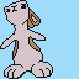 A pixelated cartoon rabbit stands upright against a light blue background.