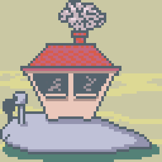 A pixel art scene features a small house with a red roof, smoking chimney, and flagpole on a simple platform.
