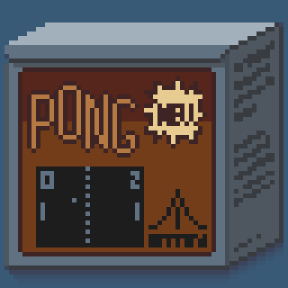 A pixel art-style box displays a classic Pong game with a retro design, featuring scores and the iconic Atari logo.