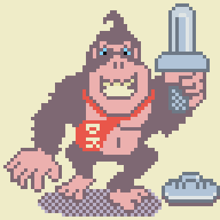 A pixel art gorilla holding a large metal object stands beside a gray platform.