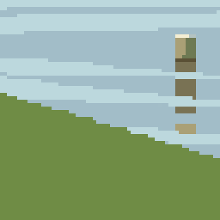 A stylized pixel art scene depicts a lake with horizontal layers of blue, a vertical wooden structure, and a green landmass at the bottom left.