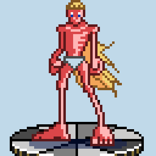 A pixel art character with red and peach tones, featuring a block-like body and shaggy yellow hair, stands on a circular platform.