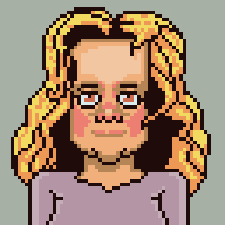 A pixel art character with long, wavy blond hair and glasses is wearing a purple top.