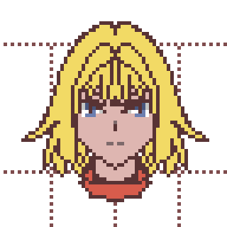 A pixelated character with blonde hair and blue eyes, wearing a red shirt, is centered within a bordered grid.