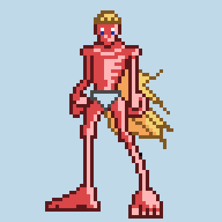 A pixel art character with a red body, blue underwear, and large tan wings stands on a light blue background.