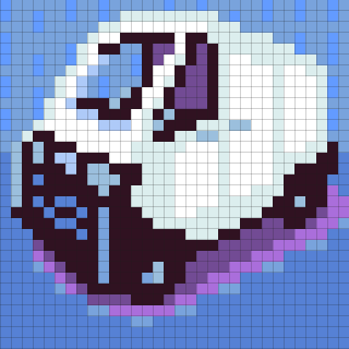 A pixel art illustration depicts a small, white, futuristic vehicle against a blue background.