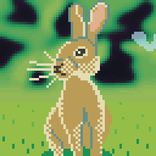 A pixelated rabbit stands on green grass with a stylized background.