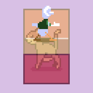 A pixelated image of an animal walking in one direction and a person walking in the opposite direction within a divided frame.