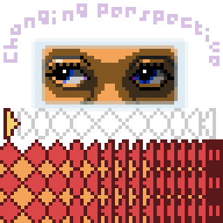 Pixelated artwork portrays a close-up of a woman's eyes, overlaid with the phrase Changing Perspective.