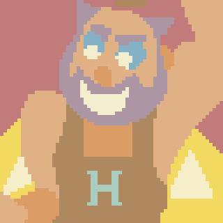 A pixelated illustration of a smiling bearded character with an H on their shirt, featuring bright colors and blocky shapes.
