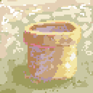 A pixelated depiction of a cylindrical pot with earth-toned colors sits against a blurred background.