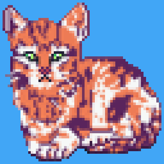 A pixel art depiction of a sitting orange cat with green eyes on a blue background.