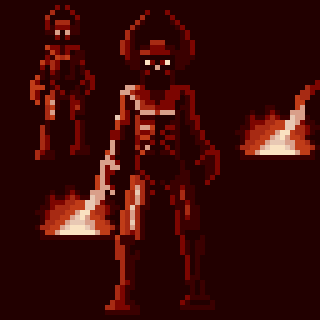 A pixelated figure resembling a horned demon wields a fiery weapon, set against a dark background.