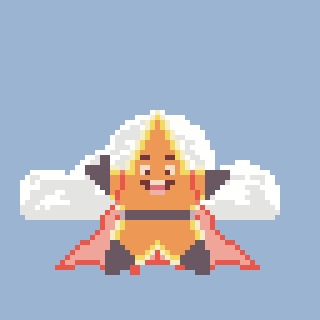 A pixel art superhero wearing a colorful costume with a cape and white hair is set against a blue background.