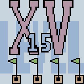 Large pixelated letters XV and 15 are above small planted flags.